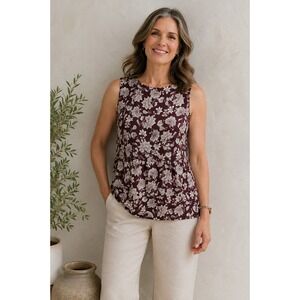 J.Jill Love Linen Floral Sleeveless Tunic Top Size Medium Burgundy Boho